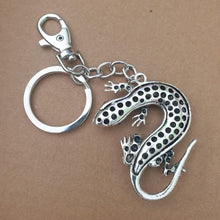 Load image into Gallery viewer, Gecko Keyring Gift | Silver &amp; Blue Metal Keychain | Good Fortune Gecko Bag Chain