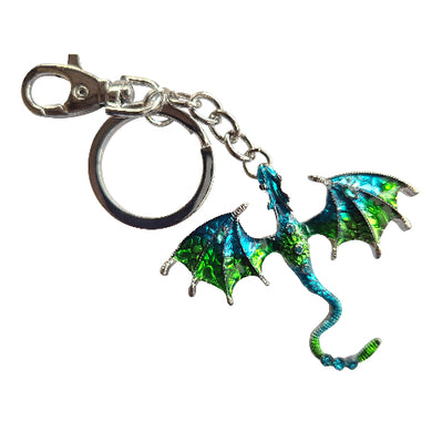 Mystical blue & green silver dragon keyring keychain bag chain gift. Dragon lovers gifts.
