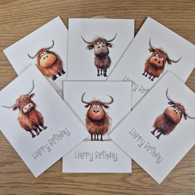 Highlander Gift Cards | Happy Birthday Super Cute Cartoon Image Highlander Cards | Price Per Unit