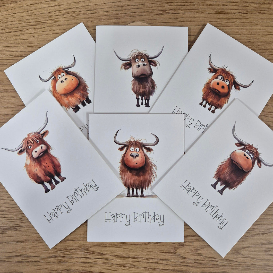 Highlander Gift Cards | Happy Birthday Super Cute Cartoon Image Highlander Cards | Price Per Unit