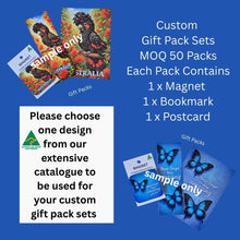 Load image into Gallery viewer, Postcard Gift Sets | 50 Custom Made Packs | Each Pack Contains 1 x Bookmark 1 x Magnet 1 x Postcard