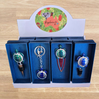 Assorted turtle gifts boxed and displayed in a counter unit for shop displays 