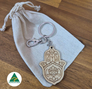 Australian Made Sustainable Timber Keyring Hamsa Hand 