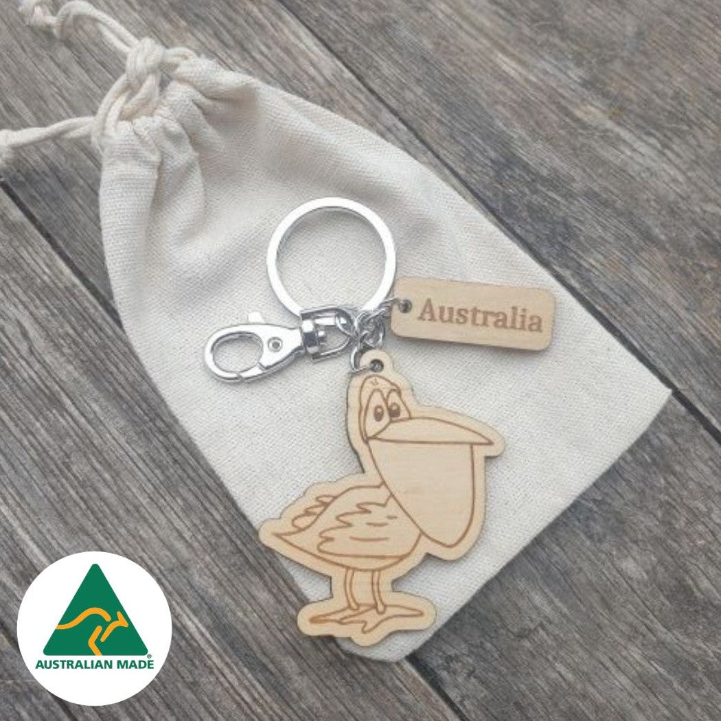 Australian made eco friendly sustainable timber pelican keyring keychain gift 