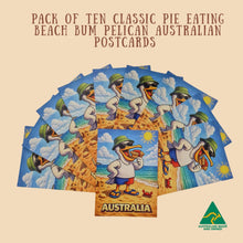 Load image into Gallery viewer, POSTCARDS | Pack Of 10 | Pelican Day Out At The Beach | Meat Pie Surf Sun The Perfect Aussie Day | Made In Australia Gifts