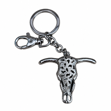 Load image into Gallery viewer, Bull Long Horn Skull Keychain | Gun Black Metal Keyring - Bag Chain | Pink Head Stone | Cowboy Rancher Gift