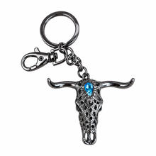 Load image into Gallery viewer, Long horn bull rancher cowboy gun black metal keyring keychain gift. 