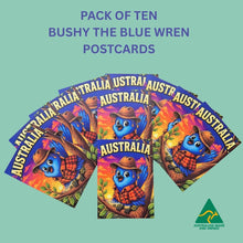 Load image into Gallery viewer, POSTCARDS | Pack Of Ten | Bushy The Blue Wren Postcards | Australian Designed &amp; Made