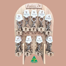 Load image into Gallery viewer, Bee Gifts | Adorable Australian Made Timber Bee Keychains With Assorted Bee Sayings | Display Stand