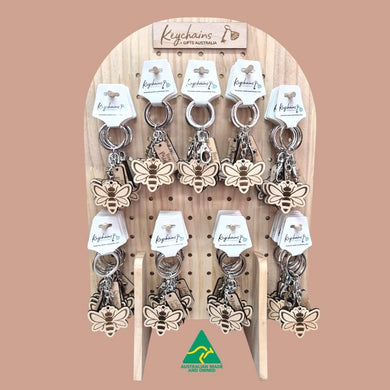 Bee Gifts | Adorable Australian Made Timber Bee Keychains With Assorted Bee Sayings | Display Stand