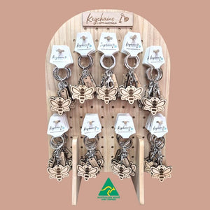 Bee Gifts | Adorable Australian Made Timber Bee Keychains With Assorted Bee Sayings | Display Stand