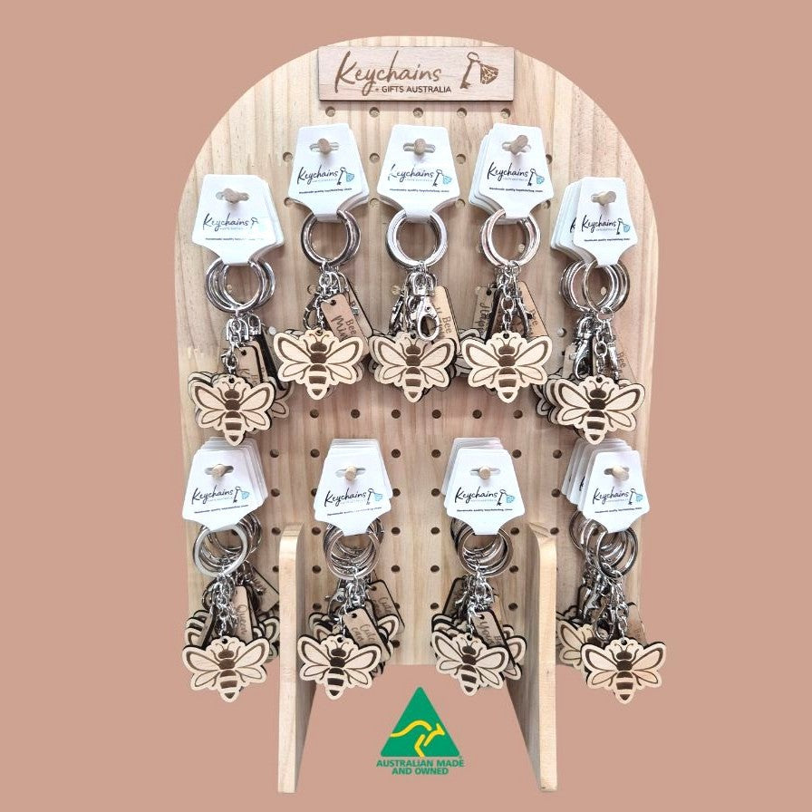 Bee Gifts | Adorable Australian Made Timber Bee Keychains With Assorted Bee Sayings | Display Stand