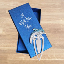 Load image into Gallery viewer, Decorative bookmark with decorative elements in a blue gift box labeled &#39;A Gift For You&#39; 