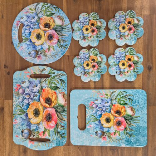 Garden Flower Blue Bird Gift Set | Bird & Flower Ceramic Kitchen Table Coasters & Tray Set