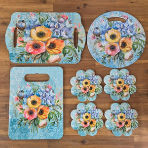 Garden Flower Blue Bird Gift Set | Bird & Flower Ceramic Kitchen Table Coasters & Tray Set