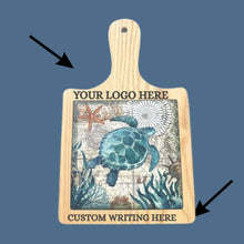 Load image into Gallery viewer, Blue Seaside Turtle Customer Engraved Cheeseboards | Price Includes 6 Custom Engraved Cheeseboards