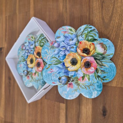 Enhance your home decor with our Garden Flower Blue Coasters. These ceramic table coasters feature a charming blue bird and flower design, perfect for garden and bird lovers alike. Each set comes boxed for easy gifting. Protect your tabletops in style with our beautiful coasters.  Design available in trivet - cheeseboard & serving tray.