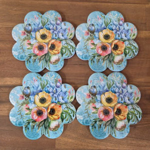 Garden Flower Blue Bird Gift Set | Bird & Flower Ceramic Kitchen Table Coasters & Tray Set