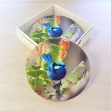 Load image into Gallery viewer, Our beautiful coasters will brighten up any kitchen, table, bar, patio or coffee table.  Protect your surface with our non slip ceramic coasters with cork backing.  Four coasters | Same design | Round | Ceramic | Cork backing | Gloss protective finish | Diameter 10 cm | Boxed in our white gift box with lid.