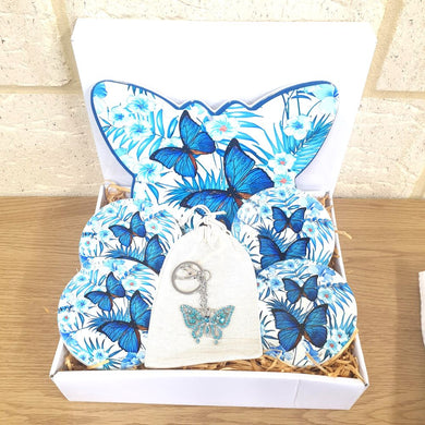 Blue Butterfly Gift Box Set | Blue Butterfly Gifts | Coasters - Trivet & Keychain Boxed Gift