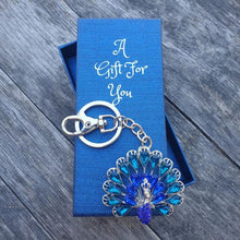 Load image into Gallery viewer, Blue peacock keyring keychain boxed gift 