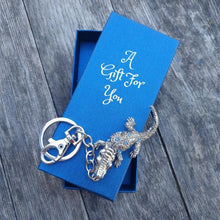 Load image into Gallery viewer, Silver crocodile keychain keyring bag chain boxed gift with blue rhinestones and bag chain clip