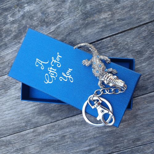 Silver crocodile keychain keyring bag chain boxed gift with blue rhinestones and bag chain clip