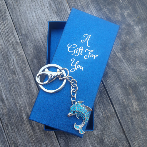 Boxed blue dolphin keyring keychain bag chain ocean gift