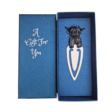 Load image into Gallery viewer, Highlander Cow Metal Bookmark | Cute Black Highlander Boxed Gift | Highlander Book Lover Gifts