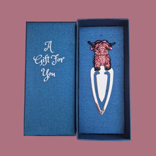 Load image into Gallery viewer, Highlander Cow Metal Bookmark | Cute Pink Highlander Boxed Gift | Highlander Book Lover Gifts