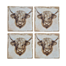 Load image into Gallery viewer, Cow Coasters | Highlander Cow Coasters | Set Of 4 Square Ceramic Table Coasters | Brown Background