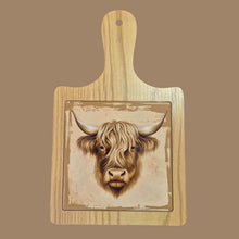Load image into Gallery viewer, Cow Cheeseboard | Highlander Cow Brown Cheeseboard | Kitchen Farm Gift| Brown Backing