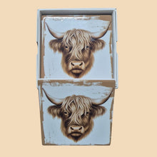 Load image into Gallery viewer, Cow Coasters | Highlander Cow Coasters | Set Of 4 Square Ceramic Table Coasters | White Background