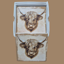 Load image into Gallery viewer, Cow Coasters | Highlander Cow Coasters | Set Of 4 Square Ceramic Table Coasters | Brown Background
