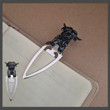 Load image into Gallery viewer, Highlander Cow Metal Bookmark | Cute Black Highlander Boxed Gift | Highlander Book Lover Gifts