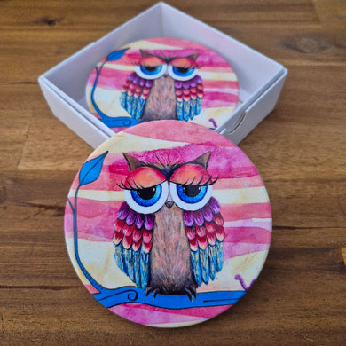 Colourful fun owl coasters. Set of 4 boxed owl lovers gift 