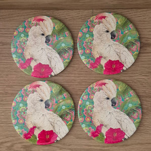 Australian Corella Cockatoo Bird | Round Ceramic Table Bar Coasters | Boxed Set Of 4
