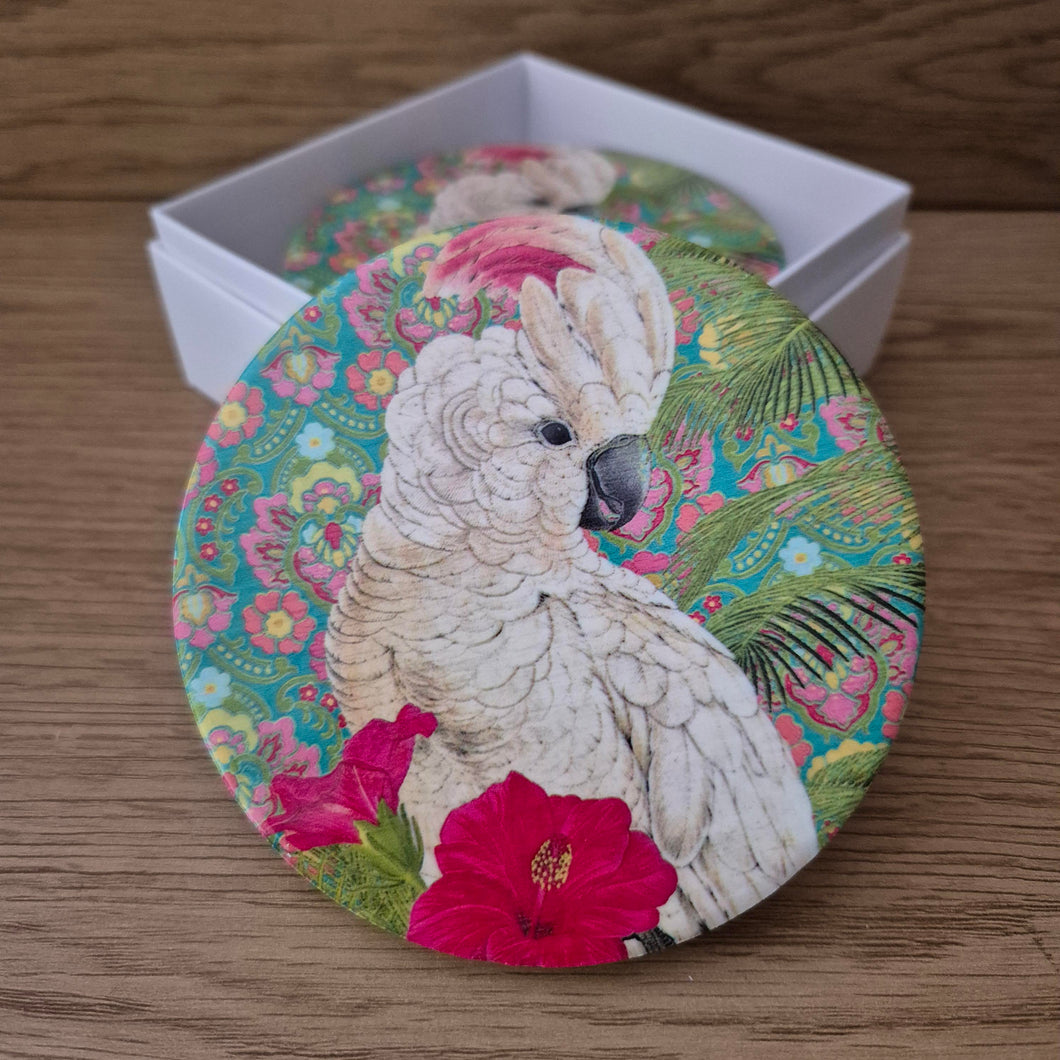 Australian Corella Cockatoo Bird | Round Ceramic Table Bar Coasters | Boxed Set Of 4