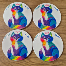 Load image into Gallery viewer, Cat Coaster Gift | Crazy Cat Lady Rainbow Round Ceramic Table Coasters | Cat Lover Gifts