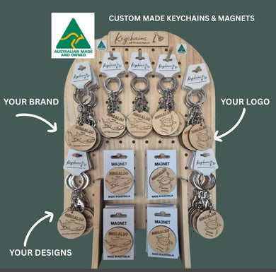 Custom made sustainable timber keyrings keychain display unit package 