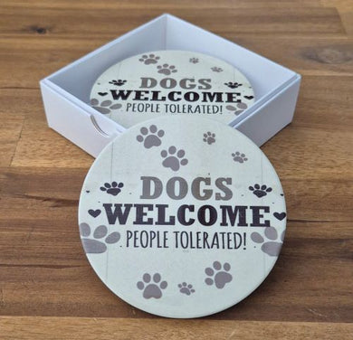 Funny dog coasters - Dogs welcome people tolerated table bar coaster set of 4 boxed gift 