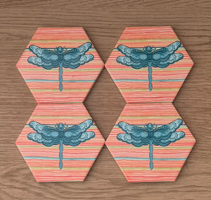 Dragonfly Coasters | Hexagon Shaped Colourful Dragonfly Table Coasters