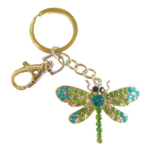 Dragonfly Keyring Gift | Blue & Green Rhinestones | Silver Dragonfly Bag Chain