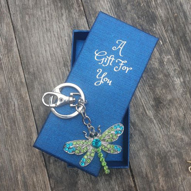 Dragonfly Keyring Boxed Gift | Blue & Green Rhinestones | Silver Dragonfly Bag Chain