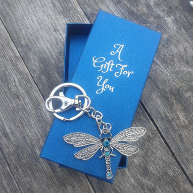 Blue & silver dragonfly keyring keychain bag chain boxed gift