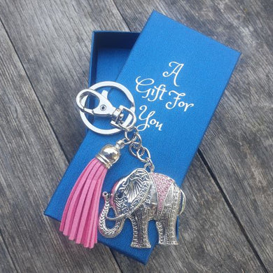 Elephant Keyring Boxed Gift  | Lucky Silver With Pink Tassel Elephant Keychain | Gift Bag Gift