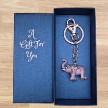 Load image into Gallery viewer, Elephant Keyring Boxed Gift | Lucky Purple Cute Elephant Keychain Gift | Elephant Lover Gifts