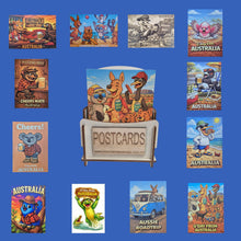 Load image into Gallery viewer, Australiana Funny Postcard Display Stand | 96 Assorted Cartoon Australiana Postcards | Small Wooden Display Stand