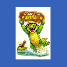Load image into Gallery viewer, Australiana Funny Postcard Display Stand | 96 Assorted Cartoon Australiana Postcards | Small Wooden Display Stand