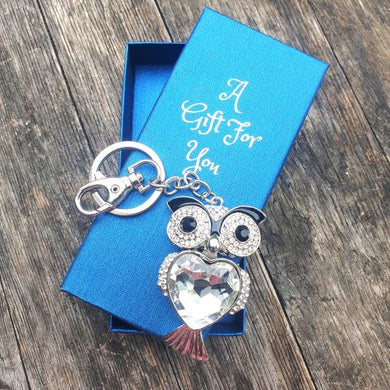 Large silver gemstone owl keyring keychain bag chain boxed gift